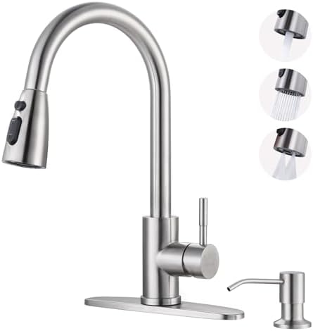 WOWOW Kitchen Faucet with Soap Dispenser: 304 Stainless Steel Kitchen Sink Faucet with Pull Down Sprayer 3 Modes, Single Handle High Arc Mixer Taps for Sink, RV, Laundry, Bar (Brushed Nickel)
