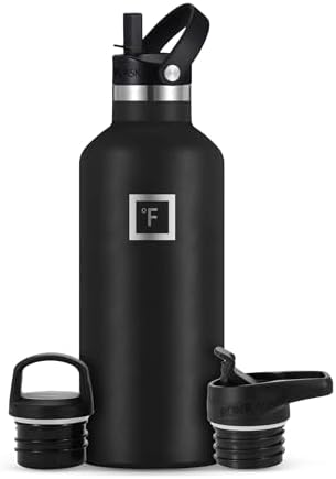 IRON °FLASK Camping & Hiking Hydration Canteens - 3 Lids (Narrow Straw Lid) Leak Proof Vacuum Insulated Stainless Steel - Hot & Cold Double Walled Sports Water Bottle - Midnight Black, 32 Oz