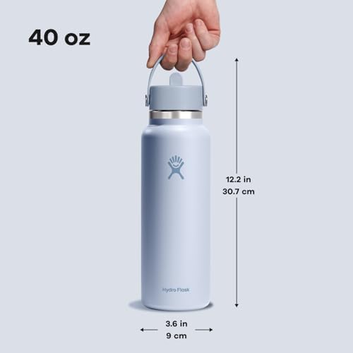 HYDRO FLASK Wide Mouth vacuum insulated stainless steel water bottle with leakproof closeable straw lid for cold water drinks, sports, travel, car and school
