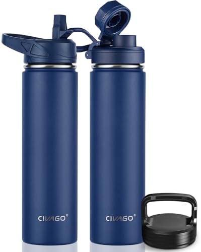 CIVAGO 24 oz Insulated Water Bottle With Straw, Stainless Steel Sports Water Flask Cup with 3 Lids (Straw, Spout and Handle Lid), Double Walled Travel Thermal Canteen Mug, Navy