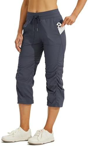 Willit Women's Quick-Dry Capris Hiking Travel Pants Striped Woven Workout Pants with Pockets Lightweight