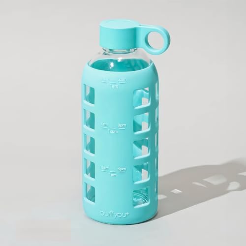 purifyou 40/32/22/12 oz Borosilicate Glass Water Bottles with Volume Markers, Silicone Sleeve, Stainless Steel Lid, Reusable Bottle for Water, Juice, Gym, and Fridge Storage (22oz Aqua Blue)