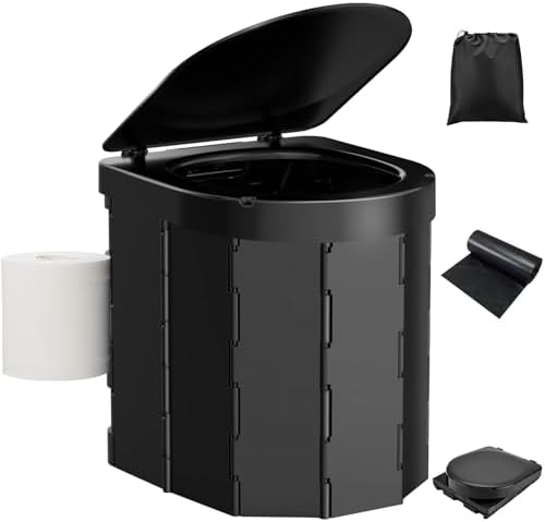 Portable Camping Toilet, Folding Toilet for Adults with Lid and Retractable Toilet Paper Holder, Waterproof Porta Potty with Carry Bag and Disposible Liners for Camping, Hiking, RV Travel