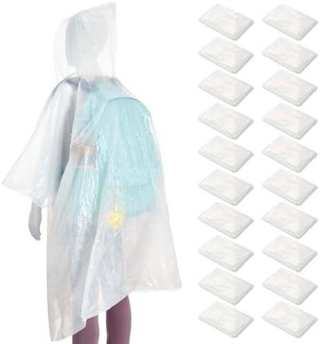 BLUE PANDA 20-Pack Disposable Rain Ponchos with Hood for Kids, Lightweight Emergency Plastic Poncho for Boys & Girls, Ideal for Outdoor Events, Travel, Camping, Hiking, and Festivals, White