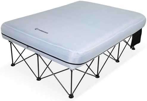 FUNDANGO Queen Camping Cot, 2 Person Folding Airbed Mattress, Double Camp Bed with 2 Cup Holders, Removeable Cover for Adults Outdoor Travel,Carry Bag Included (Grey)