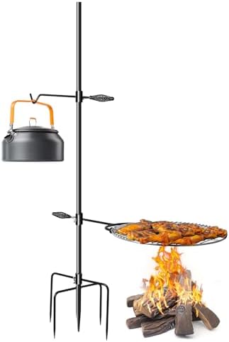 CANDANA Campfire Grill Grate with Keetle Hook Camp Fire Pit Cooking Equipment 360° Rotatable Swivel for Outdoor Camping BBQ Heavy Duty Fireplace Firepit Grilling Parts