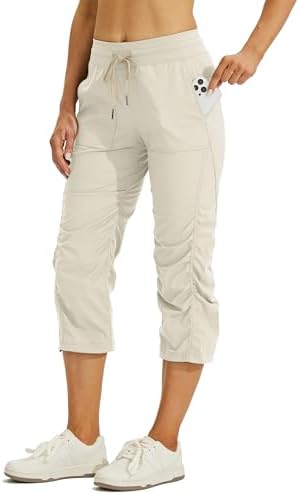 Willit Women's Quick-Dry Capris Hiking Travel Pants Striped Woven Workout Pants with Pockets Lightweight