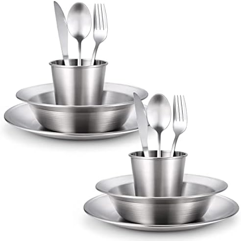 Odoland Camping Complete Messware Kit, Polished Stainless Steel Camp Dinnerware, Camping Cooking Tableware, Cutlery Organizer Utensil with Plates and Bowls Set for Backpacking, Hiking, Picnic