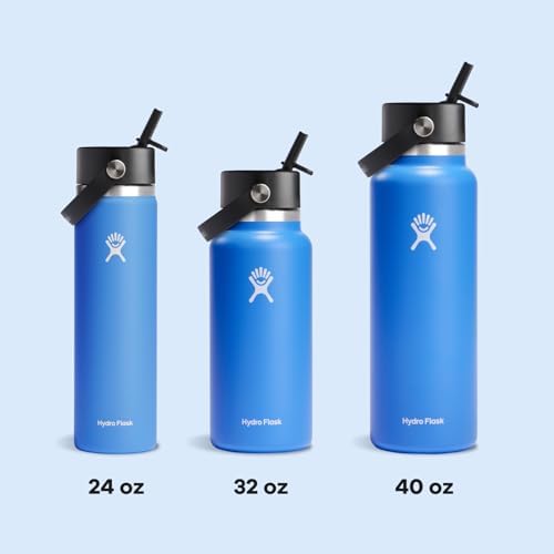 HYDRO FLASK Wide Mouth vacuum insulated stainless steel water bottle with leakproof closeable straw lid for cold water drinks, sports, travel, car and school