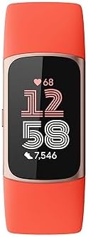 Fitbit Charge 6 Fitness Tracker with Google apps, Heart Rate on Exercise Equipment, 6-Months Premium Membership Included, GPS, Health Tools and More, Gold/Coral, One Size (S & L Bands Included)