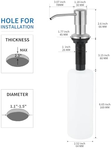 Built in Soap Dispenser for Kitchen Sink, Brushed Nickel Stainless Steel Countertop Pump Head (Plastic Built-in), Dish Soap Hand Lotion Dispenser with Refillable 17OZ Bottle