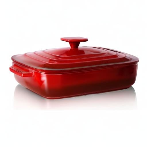 Lareina Large Ceramic Casserole Dish with Lid, 4.0 Quart Covered Rectangular Stoneware Baking Dishes for Oven, Deep 9x13 Inch Lasagna Pans for Baking and Serving, Perfect for Christmas gifts, Red
