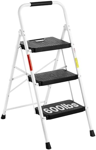 BONTEC 3-Step Ladder, Folding Step Stool, 600lbs Max Load Capacity, Sturdy Steel, Non-Slip Pedals, Lightweight, Portable Steel Ladder with Convenient Handrail, Safety Design for Home & Work, White