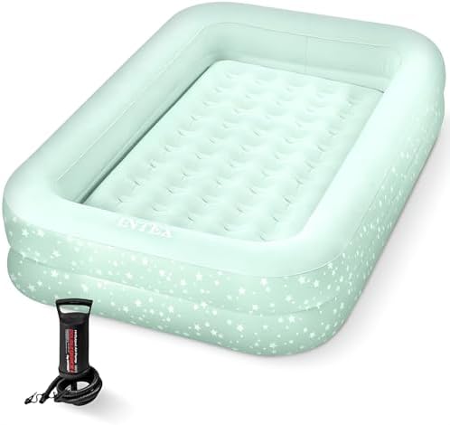 Intex Kids Travel Air Mattress Inflatable Bed with Raised Sides and Hand Pump - Portable Blow-Up Toddler Traveler Bed for Children's Naps or Sleep