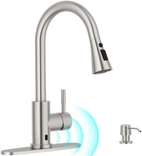 APPASO Touchless Kitchen Faucet, Motion Sensor Kitchen Sink Faucet with Pull Down ABS Sprayer 3 Modes, Activated Hands Free Faucets for Kitchen Sink with Soap Dispenser Stainless Steel, Brushed Nickel