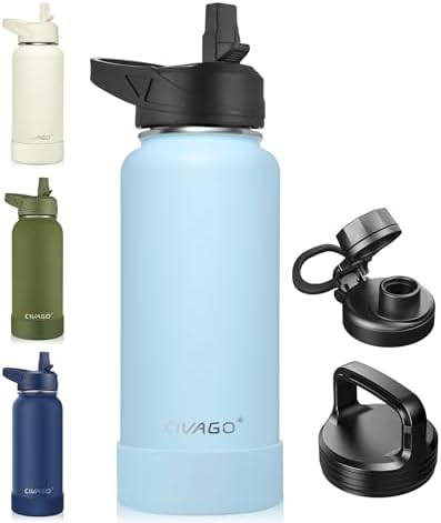 CIVAGO 32 oz Insulated Water Bottle With Straw, Stainless Steel Sports Water Flask Cup with 3 Lids (Straw, Portable Spout and Handle Lid), Double Walled Travel Thermal Canteen Mug, Light Blue