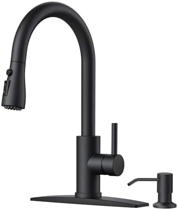FORIOUS Black Kitchen Faucet with Soap Dispenser and Pull Down Sprayer, High Arc Single Handle Classic 3 Modes Stainless Steel Faucet for Kitchen Sink Farmhouse RV Bar Laundry Camper