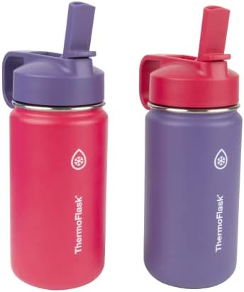 ThermoFlask Kids Bottle with Straw Lid - Durable & Dishwasher-Safe Water Bottles & Lids - Leak-Proof Bottle Lid Design - Reusable Water Bottles for Everyday Use - 14 oz, Punch/Eggplant (2 Pack)