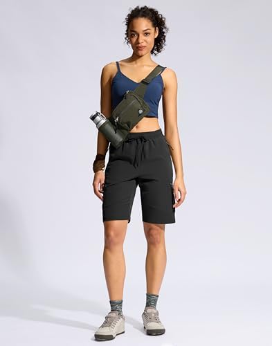 SANTINY Women's 10'' Lightweight Hiking Cargo Shorts with 5 Zipper Pockets Quick Dry Summer Long Travel Golf Shorts for Women