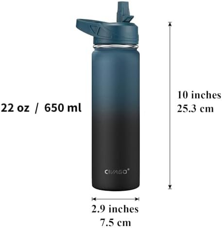 CIVAGO 22 oz Insulated Water Bottle With Straw, Stainless Steel Sports Water Flask Cup with 3 Lids (Straw, Portable Spout and Handle Lid), Double Walled Travel Thermal Canteen Mug, Black