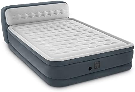 Intex 64447ED Dura-Beam Deluxe Ultra Plush Air Mattress with Headboard: Fiber-Tech – Queen Size – Built-in Electric Pump – 18in Bed Height – 600lb Weight Capacity