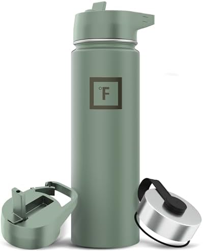 IRON °FLASK Camping & Hiking Hydration Flask with 3 Lids - Stainless Steel, Double Walled & Vacuum Insulated Water Bottle - Leak Proof & BPA Free (Sage, Straw - 22 oz)