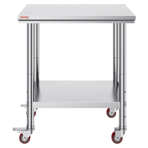 Mophorn Stainless Steel Work Table with Wheels 24 x 30 x 32 Inch Prep Table with 4 Casters Heavy Duty Work Table for Commercial Kitchen Restaurant Business, Silver and Black