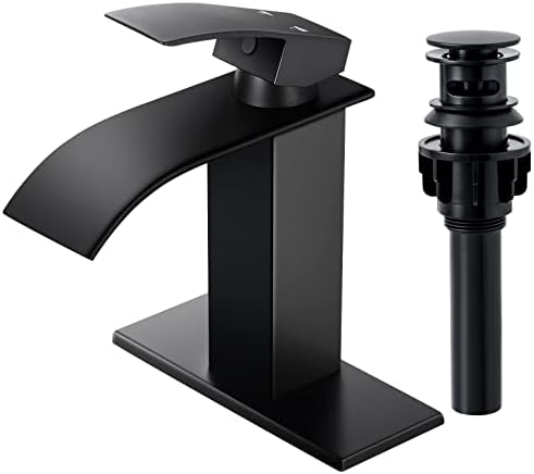 Qomolangma Waterfall Bathroom Faucet, Matte Black Modern Single Handle Bathroom Faucets for 1 or 3 Hole Bathroom Sink Faucet Mixer Tap Washbasin Faucet with Deck, Pop-up Drain and Supply Hoses