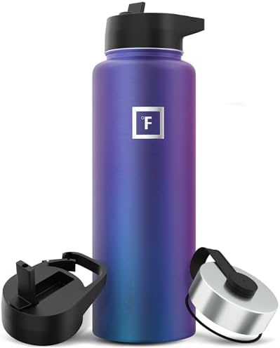 IRON °FLASK Camping & Hiking Hydration Flask with 3 Lids - Stainless Steel, Double Walled & Vacuum Insulated Water Bottle - Leak Proof & BPA Free (Aurora, Straw - 40 oz)