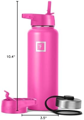 IRON °FLASK Camping & Hiking Hydration Flask with 3 Lids - Stainless Steel, Double Walled & Vacuum Insulated Water Bottle - Leak Proof & BPA Free (Pink Tulip, Straw - 40 oz)