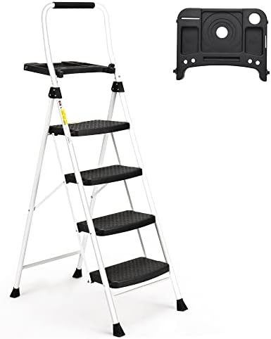 SocTone 4 Step Ladder, Folding Step Stool with Tool Platform, Sturdy& Portable Steel Ladder for Adults, 330LBS Capacity Ladder for Home Kitchen Pantry Office.