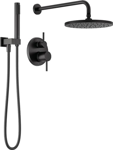Delta Faucet Modern Raincan 2-Setting Shower Round System Including Rain Shower Head and Handheld Spray Black, Rainfall Shower System Brushed Black, Shower Valve Trim Kit, Matte Black 342702-BL