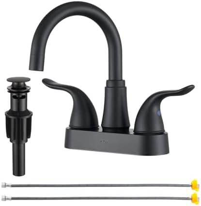 KPW Bathroom Sink Faucet 2 or 3 Hole Matte Black Centerset 4 Inch Bathroom Sink Faucet 2 Handle Plating Over ABS Plastic Non-Metallic Lavatory Bathroom Faucet with Pop up Drain Water Supply Hoses