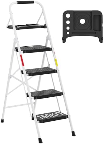 BONTEC 4-Step Ladder, 400lbs Max Load, Folding Step Stool with Tool Tray, Anti-Slip Pedals, Sturdy Steel, Lightweight Portable Ladder with Handrail for Home & Work Use, White