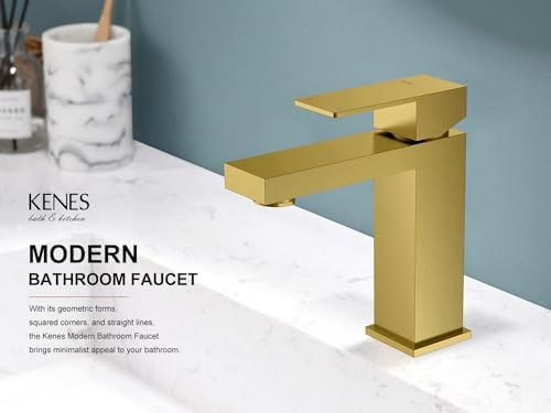 KENES Brushed Gold Bathroom Faucets, Modern Single Hole Lavatory Vanity Faucet, Single Handle Bathroom Sink Faucet Gold, with Pop Up Drain & Water Supply Hoses LJ-9031-4