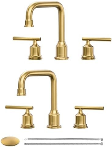 Brushed Gold Bathroom Faucet Set: WOWOW Widespread Bathroom Sink Faucet 3 Hole with Pop-up Drain and Supply Lines, 8 Inch Vanity Taps 3 Pieces Basin Tap 2 Handle Modern (Set of 2)