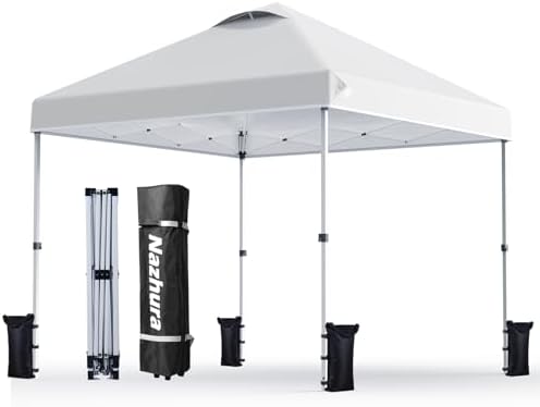 Nazhura 10' x 10' Pop Up Canopy Tent with Sand Weight Bag, Freestanding Sun Shelter for Picnic and Camping, One Person Setup and Height Adjustable (White)