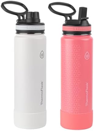 ThermoFlask 24 oz Double Wall Vacuum Insulated Stainless Steel 2-Pack of Water Bottles, White / Coral