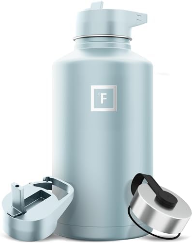 IRON °FLASK Camping & Hiking Hydration Flask with 3 Lids - Stainless Steel, Double Walled & Vacuum Insulated Water Bottle - Leak Proof & BPA Free (Morning Mist, Straw - 64 oz)