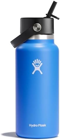 HYDRO FLASK Wide Mouth vacuum insulated stainless steel water bottle with leakproof closeable straw lid for cold water drinks, sports, travel, car and school