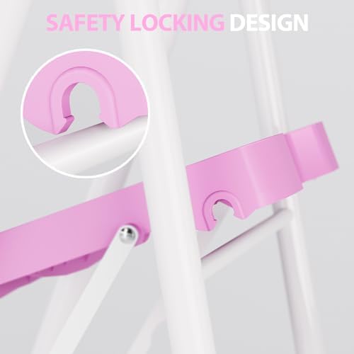 KINGRACK 3 Step Ladder, Sturdy Step Stool with Handrail, Anti-Slip Wide Pedals, 900lbs Foldable Step Stool for Home, Garage, Garden, Household, Large Loading Capacity, Pink