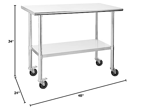 Chingoo Stainless Steel Work Table with Wheels, 24x48 Inch NSF Kitchen Prep Table with Adjustable Undershelf for Commercial Restaurant, Garage, Outdoor BBQ