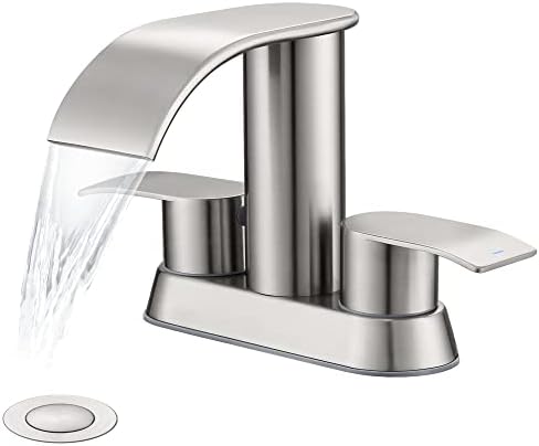 Ultimate Unicorn Waterfall Bathroom Sink Faucet Brushed Nickel, Two Handles Bathroom Faucet with Metal Pop up Sink Drain Stopper, Two Or 3 Holes Bathroom Basin Lavatory Mixer Tap with Deck Mount Plate
