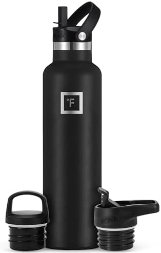 IRON °FLASK Camping & Hiking Hydration Canteens - 3 Lids (Narrow Straw Lid) Leak Proof Vacuum Insulated Stainless Steel - Hot & Cold Double Walled Sports Water Bottle - Midnight Black, 24 Oz