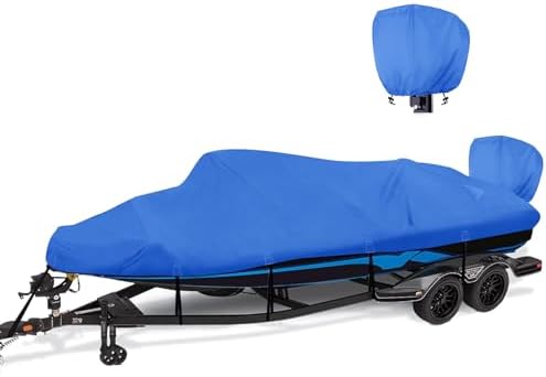 1200D Waterproof Boat Cover - Fits 16' to 18.5' ft Bass, V-Hull, Tri-Hull, Fish & Ski, Runabout Bowrider Boats - Heavy Duty Canvas Blue