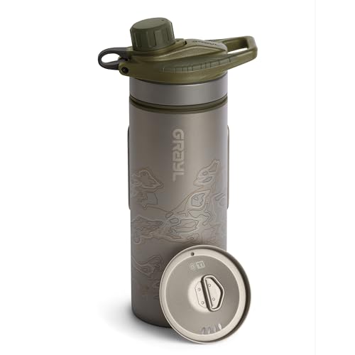 GRAYL GeoPress Titanium 24 oz Water Purifier Bottle with Cooking Lid - Filter for Hiking, Camping, Survival, Travel (Olive Drab)