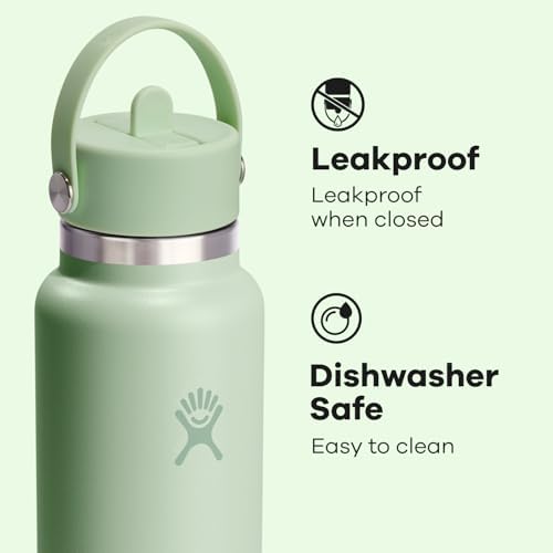 HYDRO FLASK Wide Mouth vacuum insulated stainless steel water bottle with leakproof closeable straw lid for cold water drinks, sports, travel, car and school