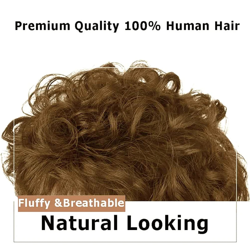 ICRAB Short Curly Real Human Hair Topper with Front Bangs for Women,Breathable Wiglets Hairpieces 5.1x5.1 Large Coverage Women Toupee Clip in Top Wavy Hair Pieces Topper(7",Light Brown)