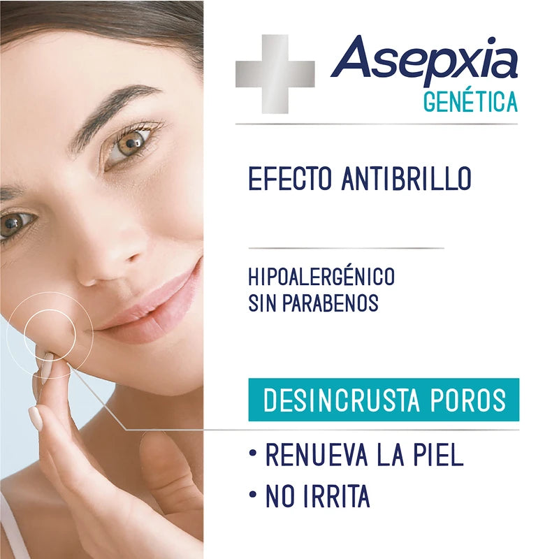 Asepxia GENÉTICA, Gel EXFOLIANTE MICELAR, dermatológicamente probado, para pieles con gen graso, limpia suavemente desincrustando los poros y removiendo células muertas, renueva la piel, con EFECTO ANTIBRILLO, tubo 100 g