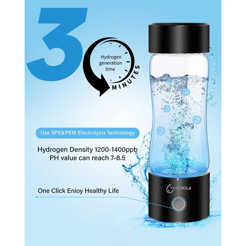 Hydrogen Water Bottle 2024, Hydrogen Water Bottle Generator with SPE PEM Technology Water Ionizer, Hydrogen Water Machine Improve Water in 3 Minutes for Home, Office, Travel, Daily Drinking(Black)
